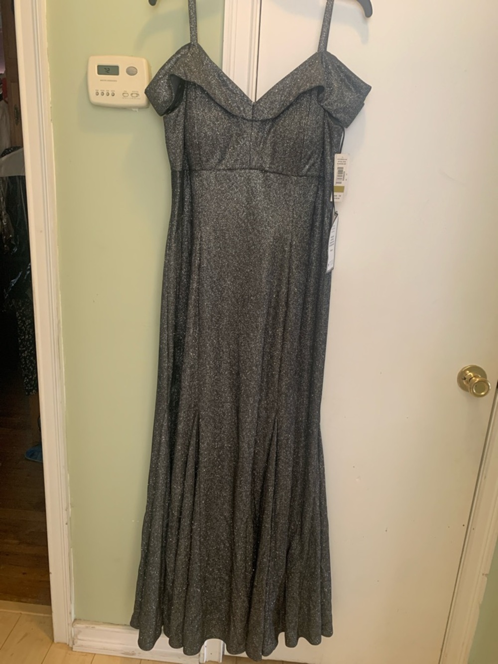 Shimmery Off-Shoulder Evening Gown in Gunmetal